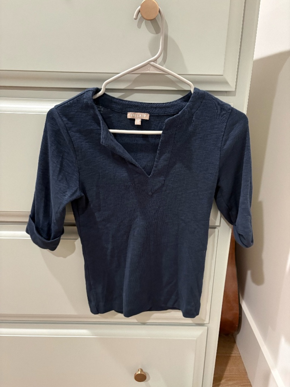 Lilla P Navy Split Neck Knit Top | Soft Stretch Everyday Tee